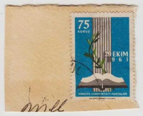 29 EKİM 1961 ZARF KAĞIDINDAN KESİLMİŞ DAMGALI PUL.