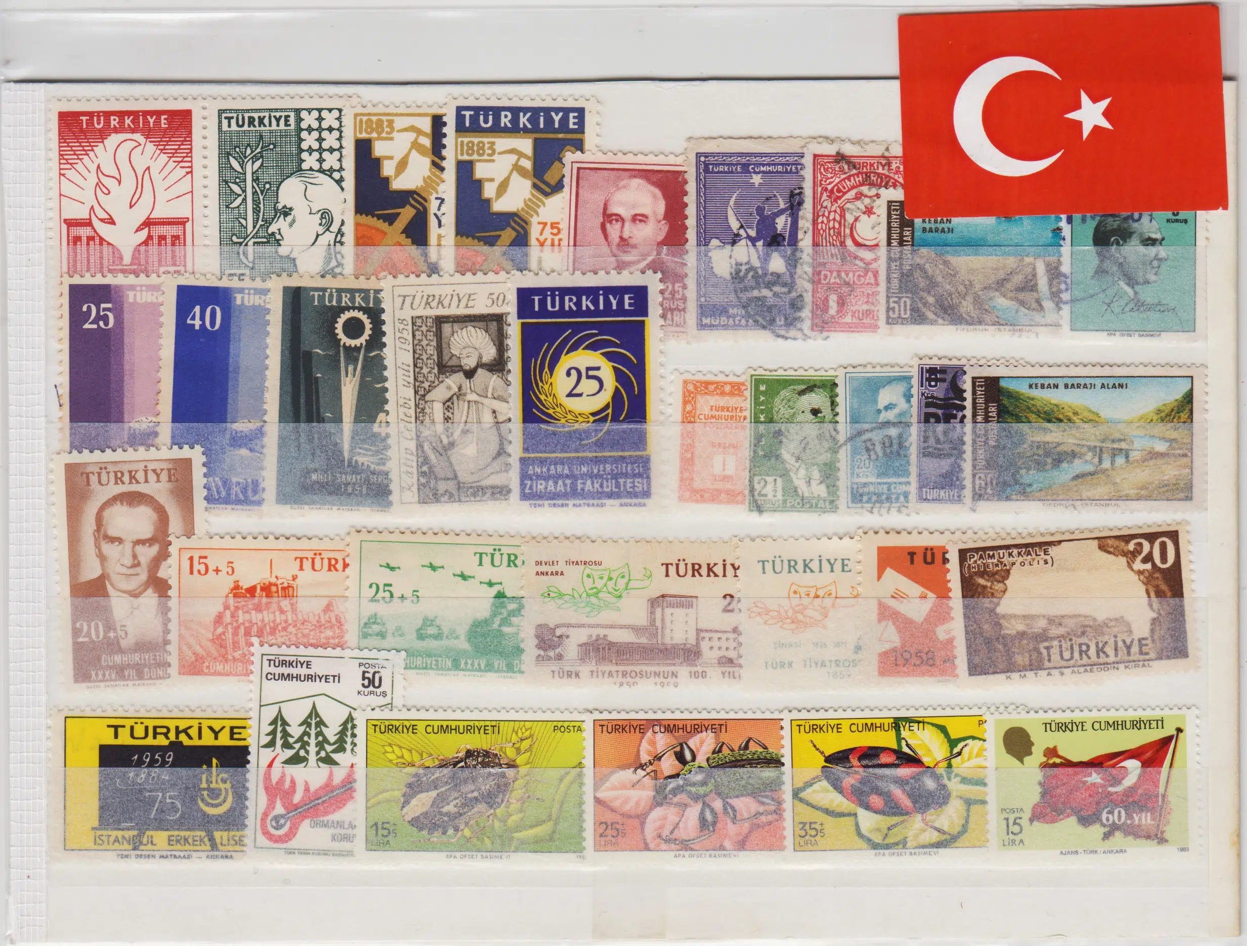 32 ÇEŞİT CUMHURİYET DÖNEMİ DAMGASIZ VE DAMGALI PUL. KARTELASINDA.