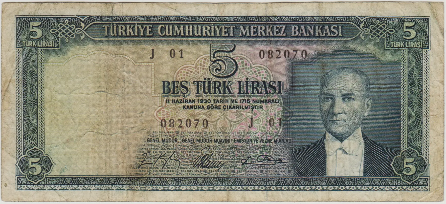 5. EMİSYON 4. TERTİP 5 LİRA J01 SERİ BAŞI. ÇOK TEMİZ.
