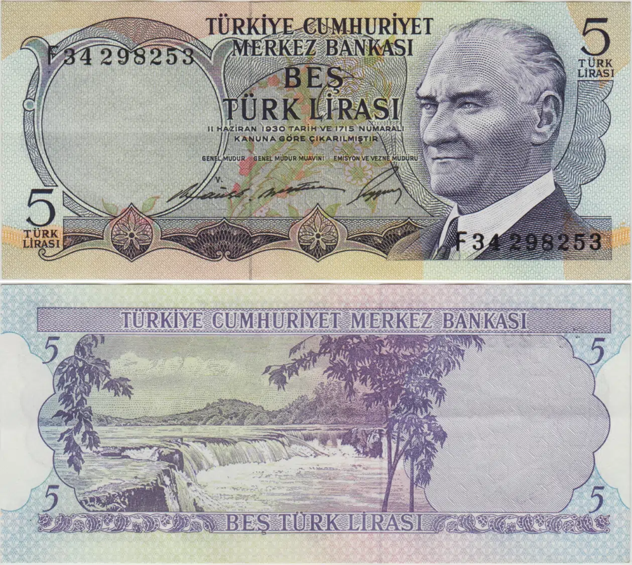 6. EMİSYON 1. TERTİP 5 LİRA. SERİ NO F34 2982... ÜÇ İMZALI. ÇİLALTI+ KONDİSYON.