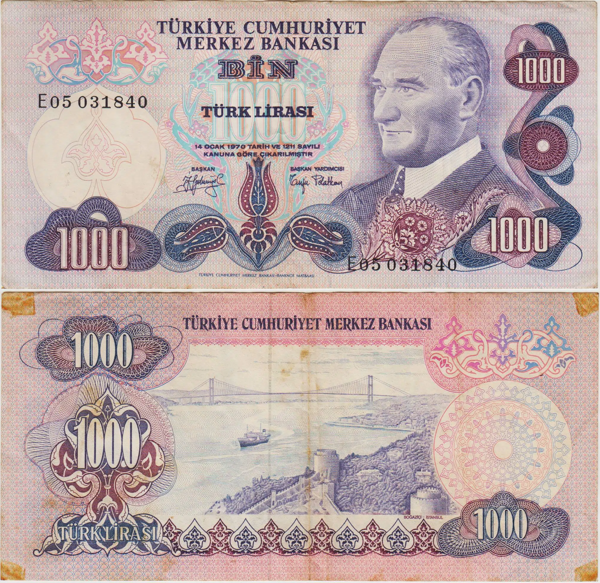 6. EMİSYON 1000 LİRA E05 KÖŞELERDEN BANT İZLİ ÇÇT(-)