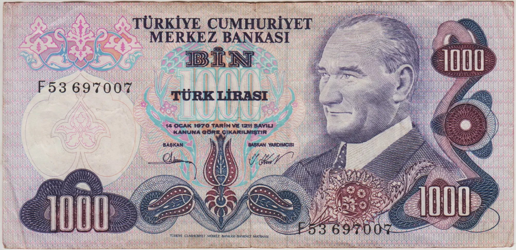 6. EMİSYON 1000 LİRA F53 ÇOK TEMİZ