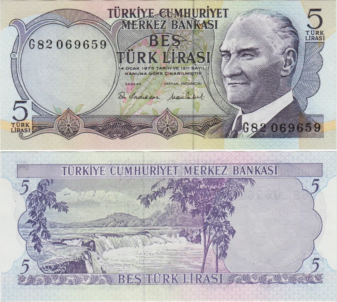 6. EMİSYON 2. TERTİP 5 LİRA G82. HAFİF DALGALI ÇİL(-) KONDİSYON.