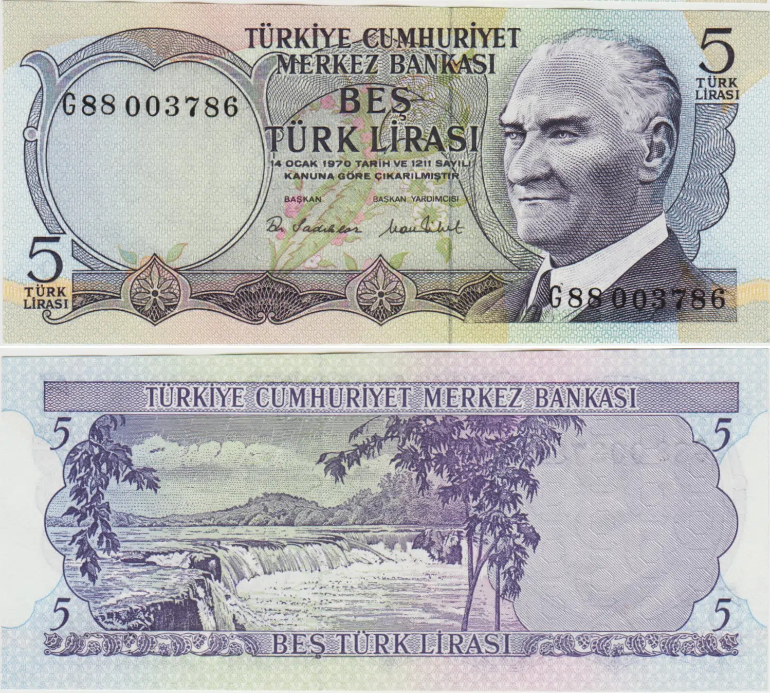 6. EMİSYON 2. TERTİP 5 LİRA G88 ÜST KENARDAN YAMUK KESİM. ÇİL(-) KONDİSYON.