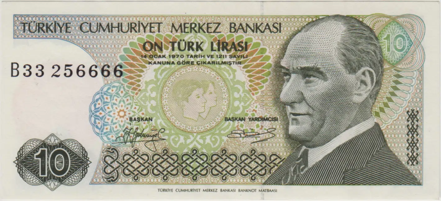 7. EMİSYON 1. TERTİP 10 LİRA B33 256666 ÇOK ÇOK TEMİZ.