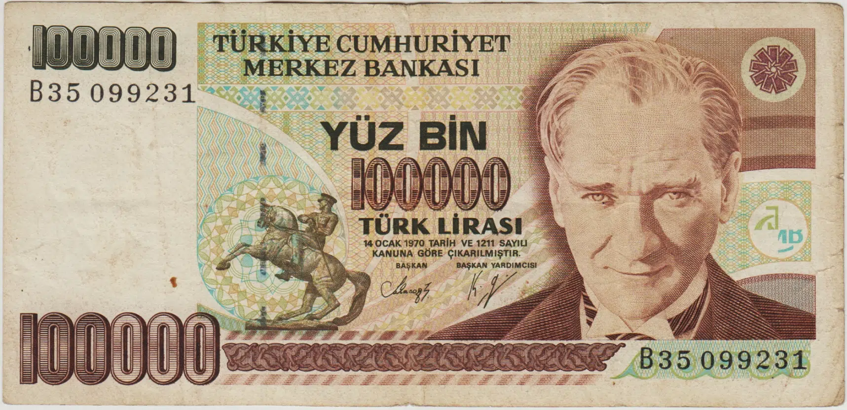 7. EMİSYON 1. TERTİP 100.000 LİRA B35 ÇOK TEMİZ(-)