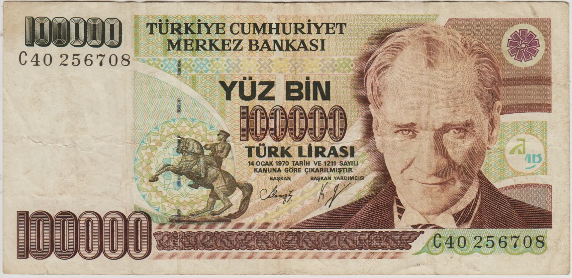 7. EMİSYON 1. TERTİP 100.000 LİRA C40 ÇOK TEMİZ(-)