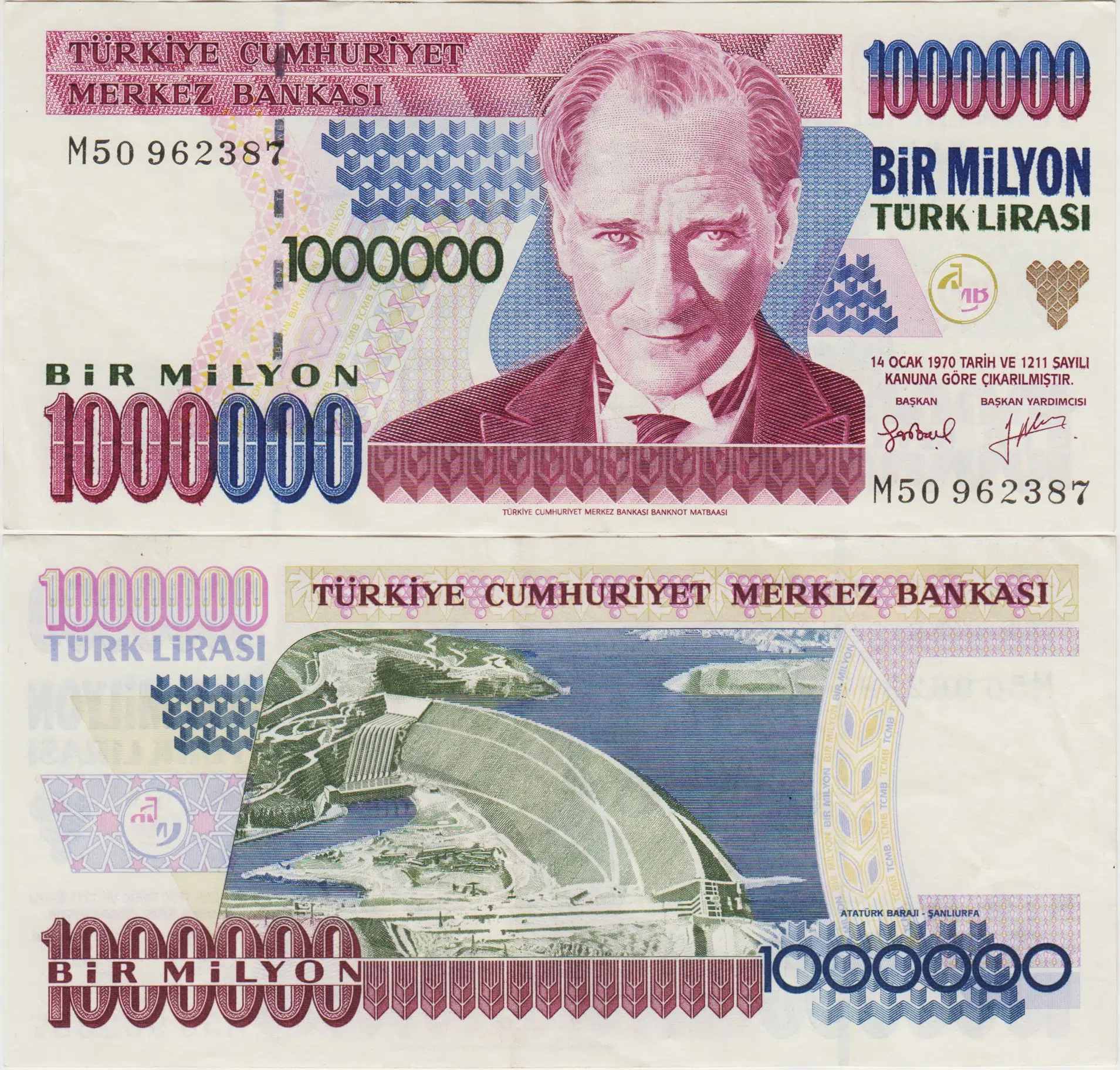 7. EMİSYON 2. TERTİP 1.000.000 LİRA M50. 1 MİLYON LİRA. ÇOK ÇOK TEMİZ.