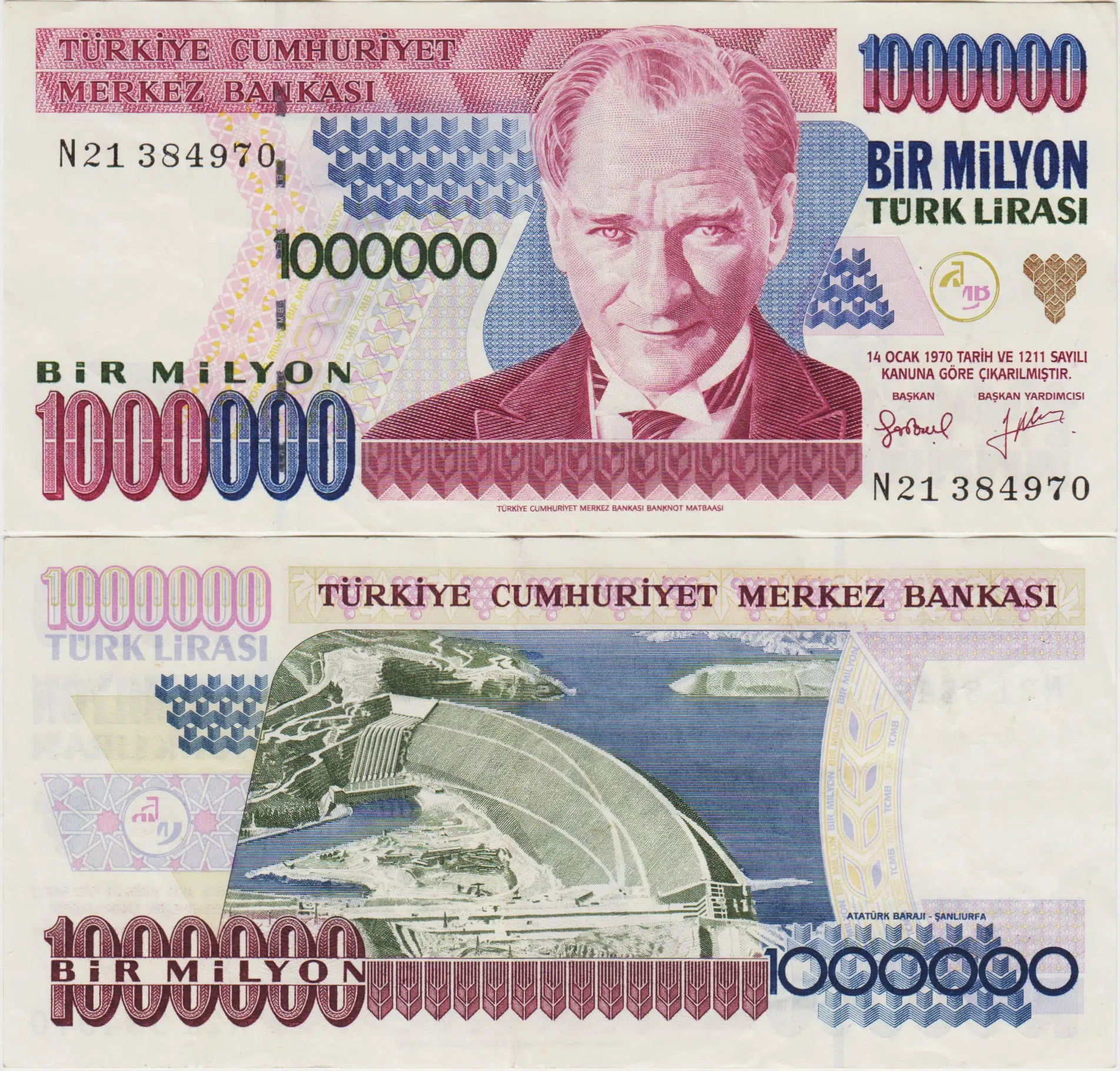 7. EMİSYON 2. TERTİP 1.000.000 LİRA N21. 1 MİLYON LİRA. ÇOK ÇOK TEMİZ.