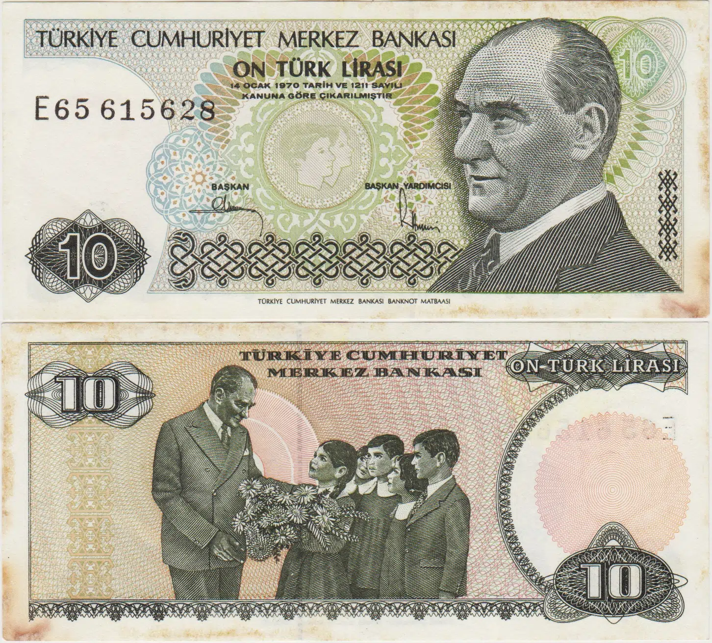 7. EMİSYON 2. TERTİP 10 LİRA E65 LEKELİ.