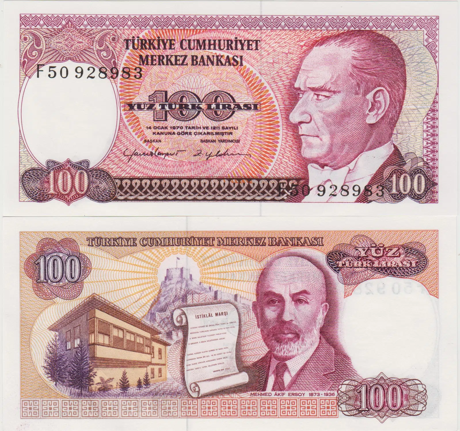 7. EMİSYON 2. TERTİP 100 LİRA. F50 928... NOLU SERİDEN. ÇİL