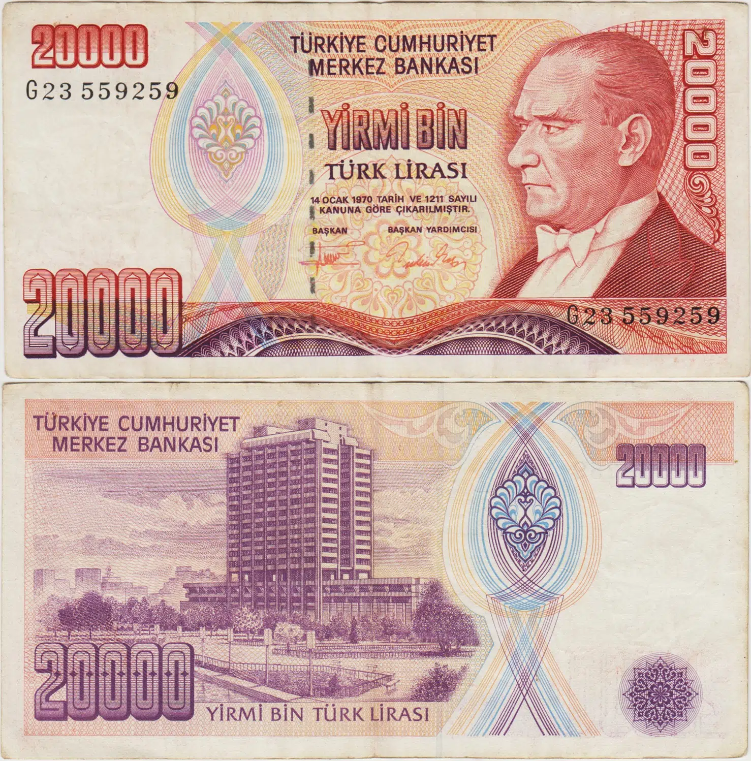 7. EMİSYON 2. TERTİP 20.000 LİRA SERİ G23 ÇOK TEMİZ.