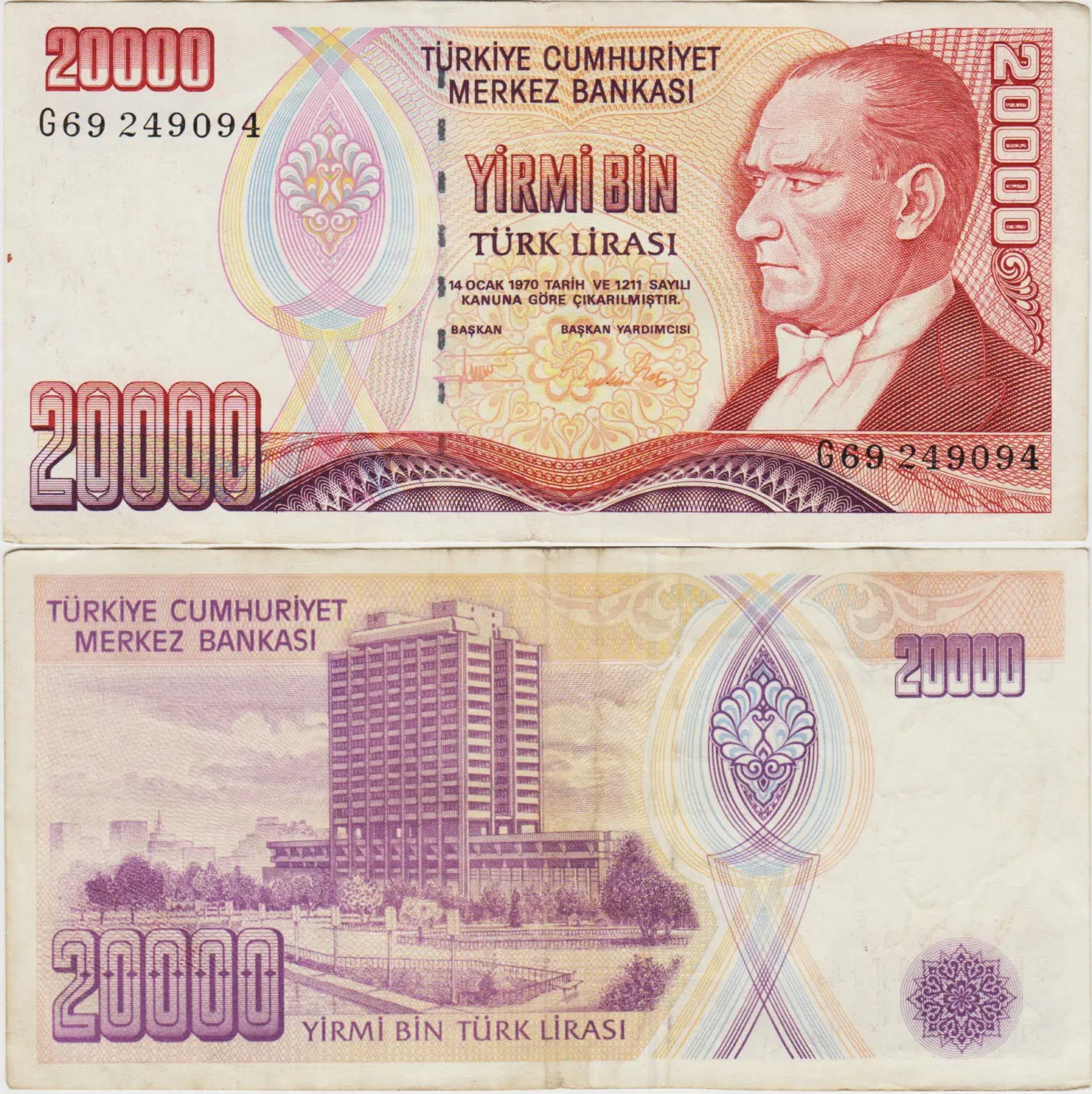 7. EMİSYON 2. TERTİP 20.000 LİRA SERİ G69 ÇOK TEMİZ+