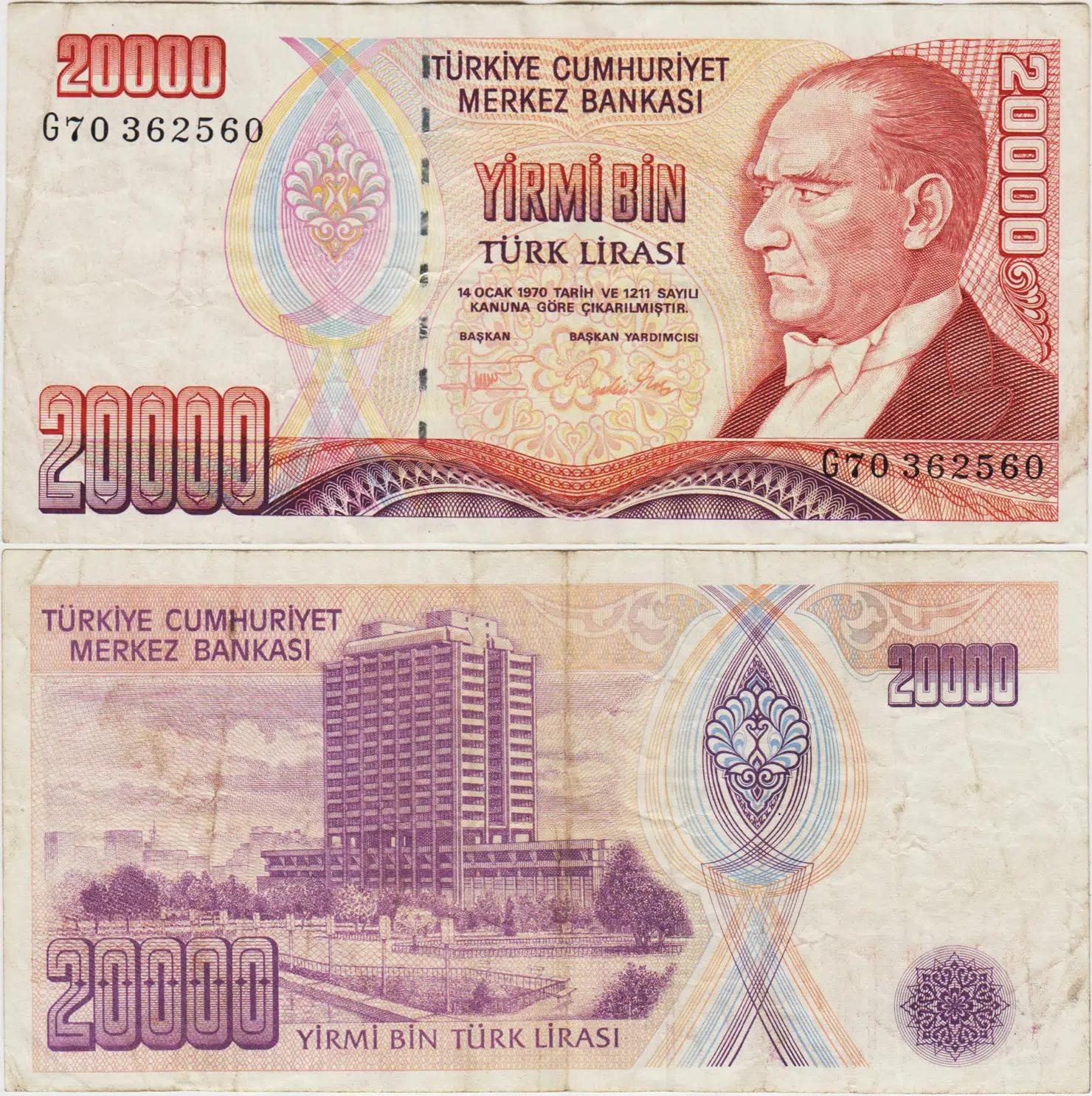 7. EMİSYON 2. TERTİP 20.000 LİRA SERİ G70 ÇOK TEMİZ.