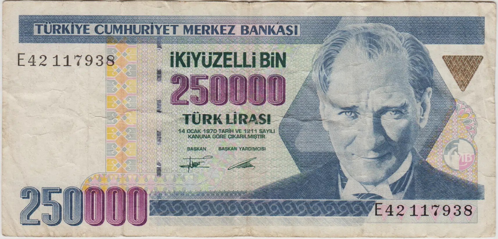 7. EMİSYON 2. TERTİP 250.000 LİRA E42 EN NADİR SERİ. TEMİZ++