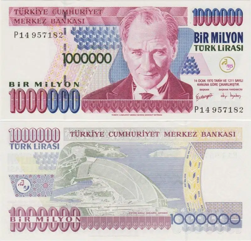 7. EMİSYON 3. TERTİP 1.000.000 LİRA SERİ NO. P14 957182. ÜST KENARDA SAYMA KIRIĞI. ÇİL(-) KONDİSYON.