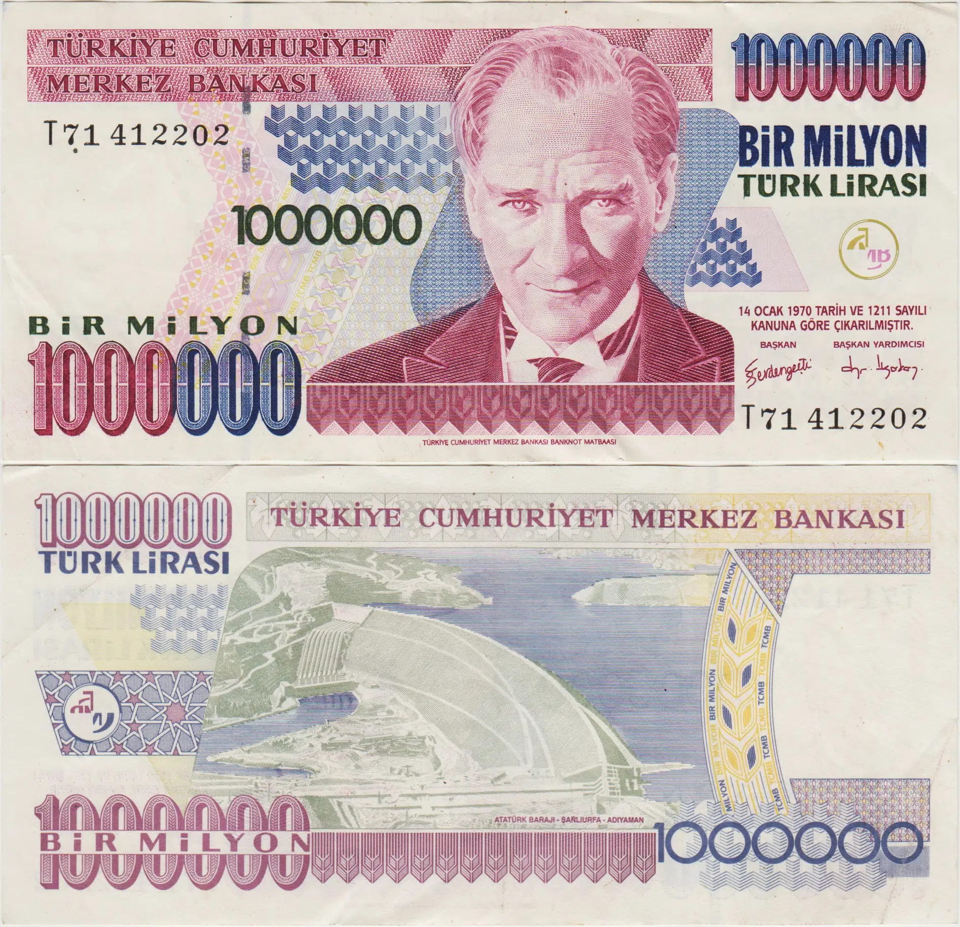 7. EMİSYON 3. TERTİP 1.000.000 LİRA T71. 1 MİLYON LİRA. ÇOK ÇOK TEMİZ+