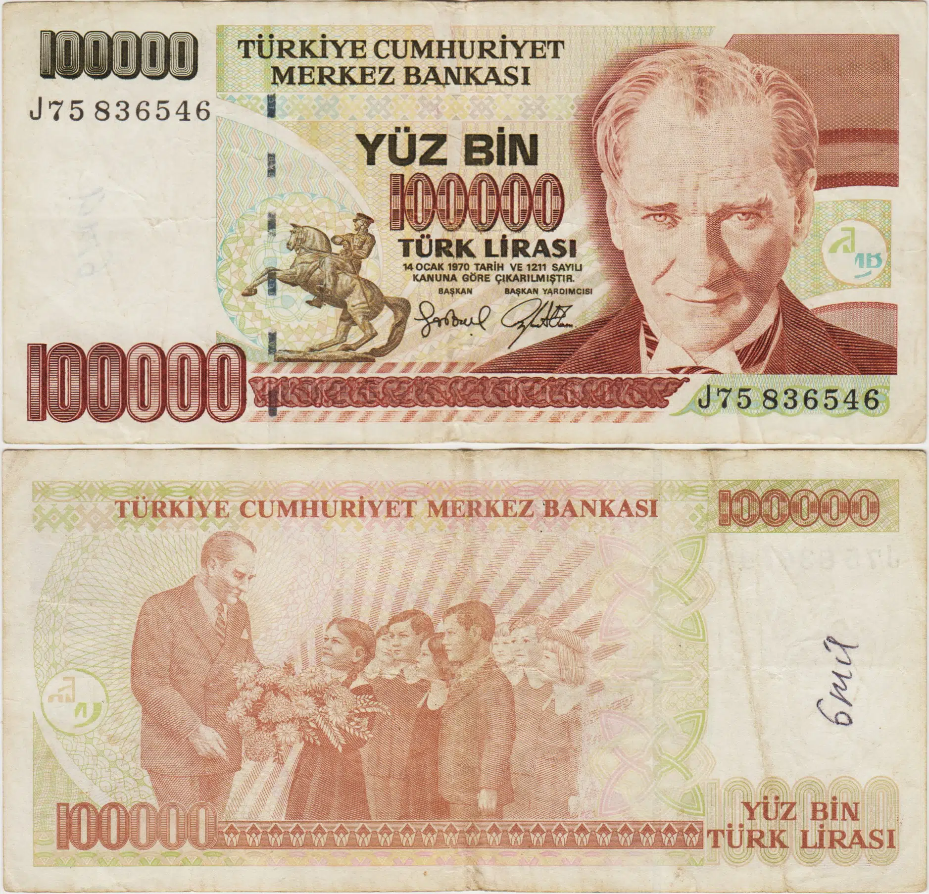 7. EMİSYON 3. TERTİP 100.000 LİRA Arka yüzde ufak yazı J75 ÇOK TEMİZ.
