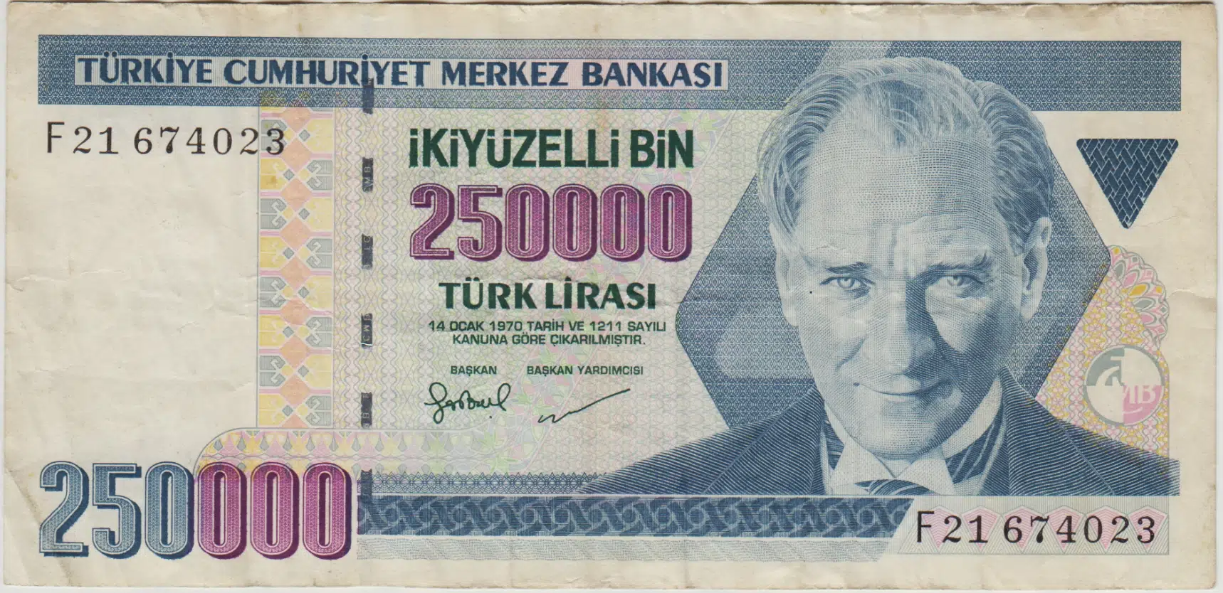 7. EMİSYON 3. TERTİP 250.000 LİRA F21 ÇOK TEMİZ(-)