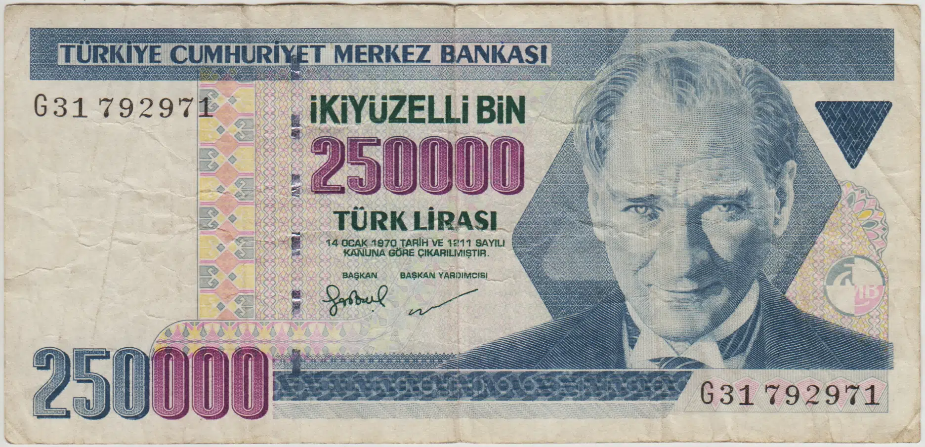 7. EMİSYON 3. TERTİP 250.000 LİRA G31 ÇOK TEMİZ(-)