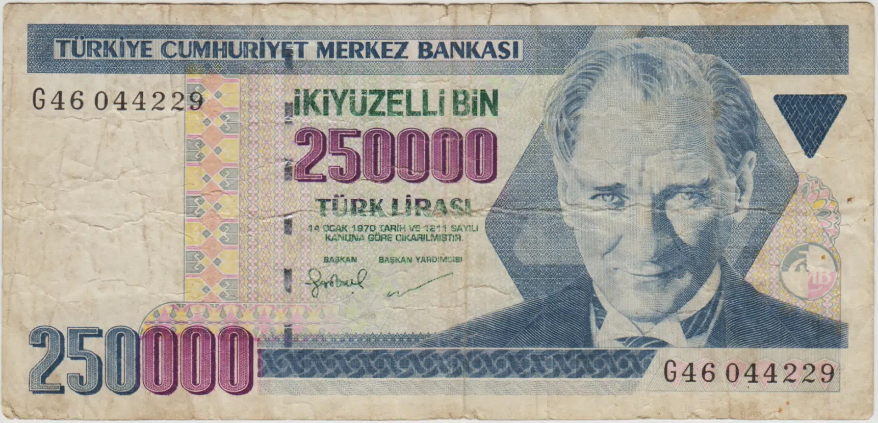7. EMİSYON 3. TERTİP 250.000 LİRA G46 TEMİZ+