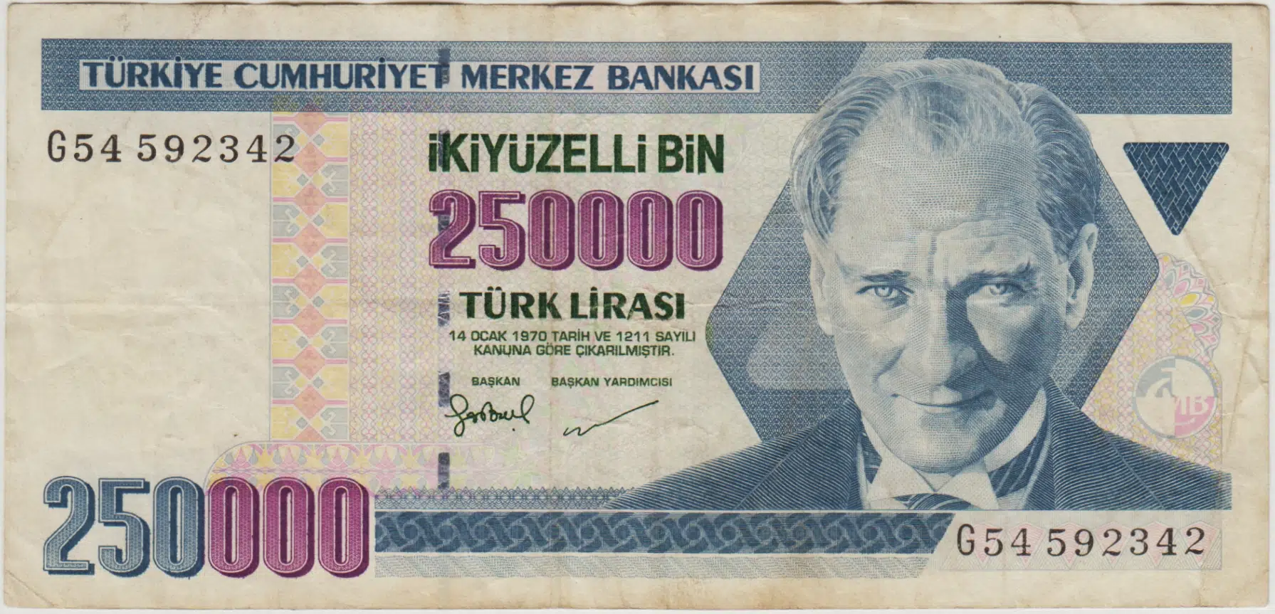 7. EMİSYON 3. TERTİP 250.000 LİRA G54 ÇOK TEMİZ.
