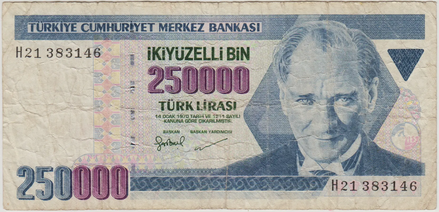 7. EMİSYON 3. TERTİP 250.000 LİRA H21 TEMİZ.