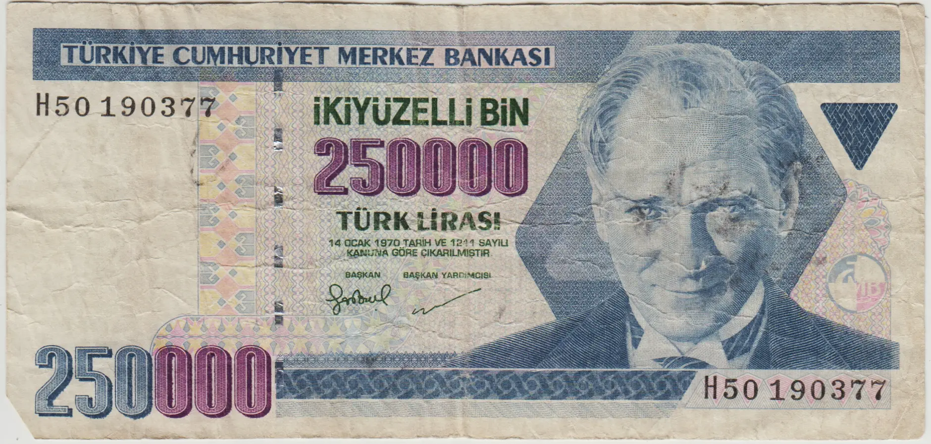 7. EMİSYON 3. TERTİP 250.000 LİRA H50 Sol alt köşede eksiği var TEMİZ+