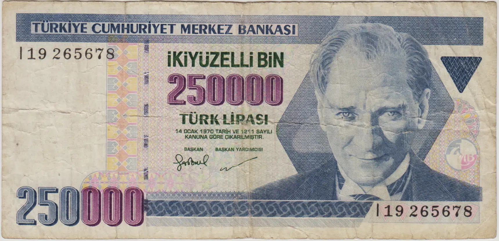 7. EMİSYON 3. TERTİP 250.000 LİRA I19 TEMİZ.
