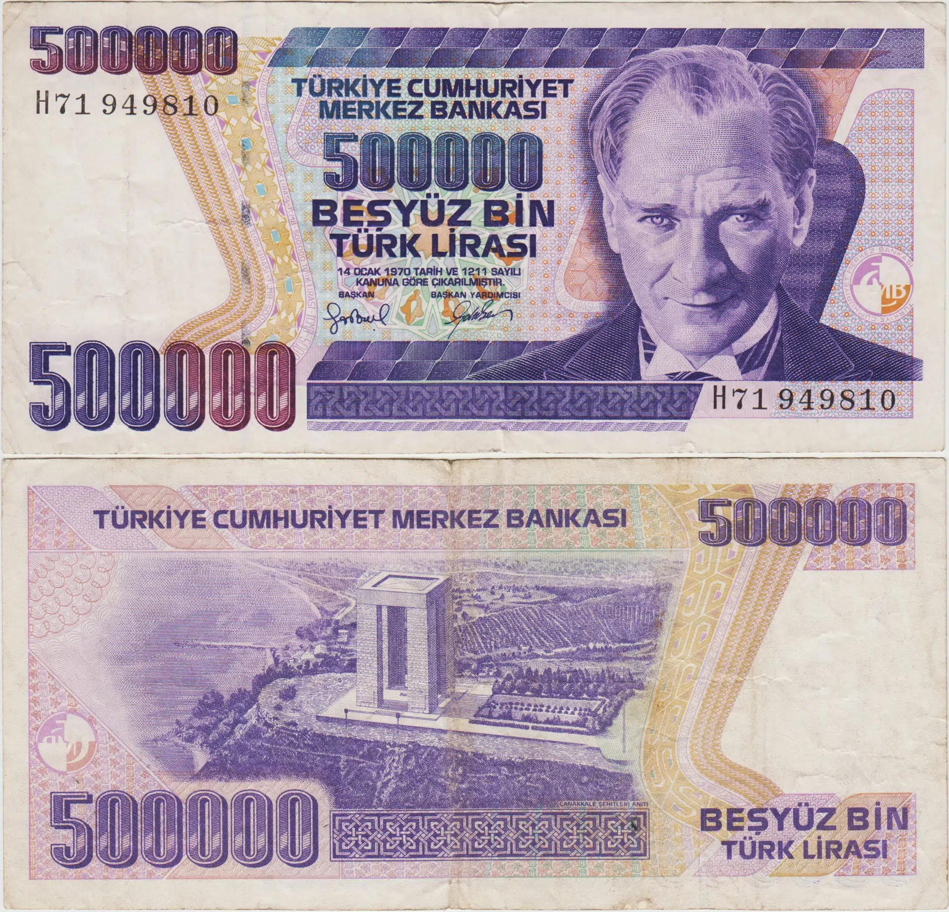 7. EMİSYON 3. TERTİP 500.000 LİRA H71 SERİ. ÇOK TEMİZ+