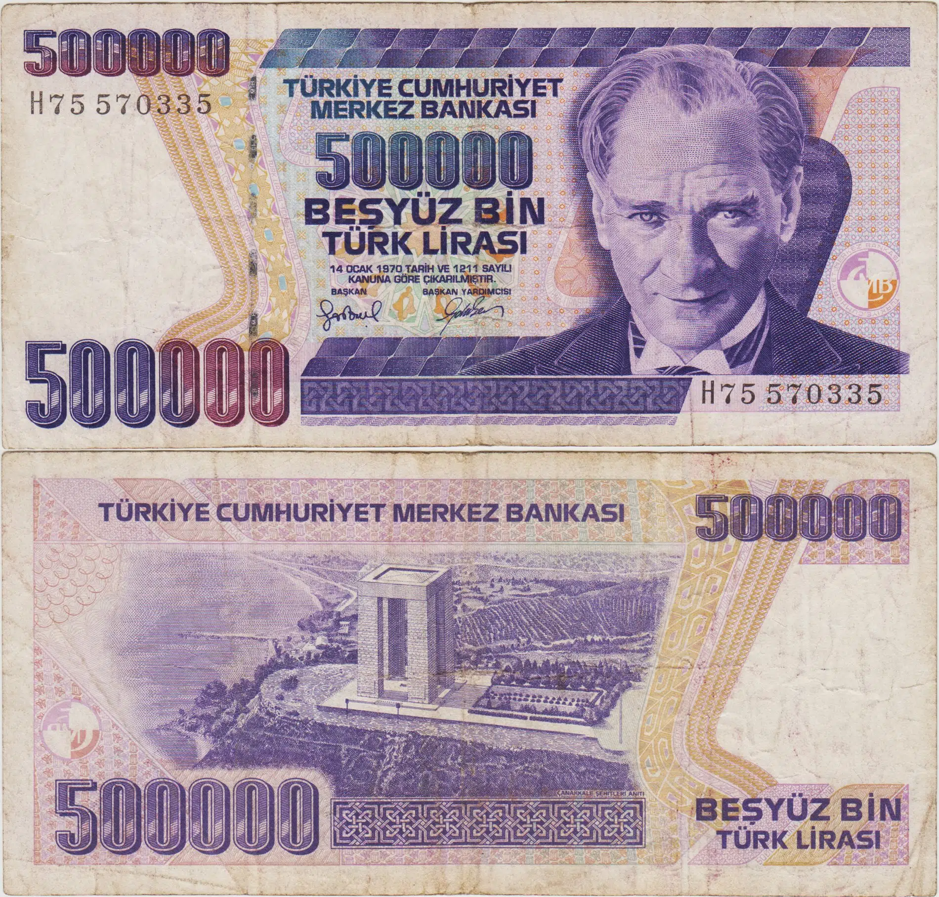 7. EMİSYON 3. TERTİP 500.000 LİRA H75 SERİ. ÇOK TEMİZ.