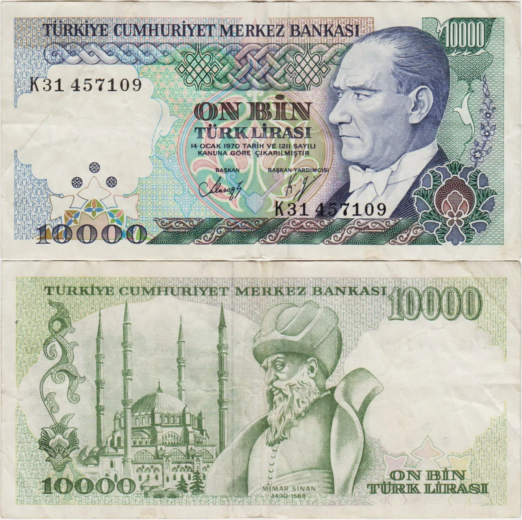 7. EMİSYON 4. TERTİP 10.000 LİRA K31 ÇOK TEMİZ.
