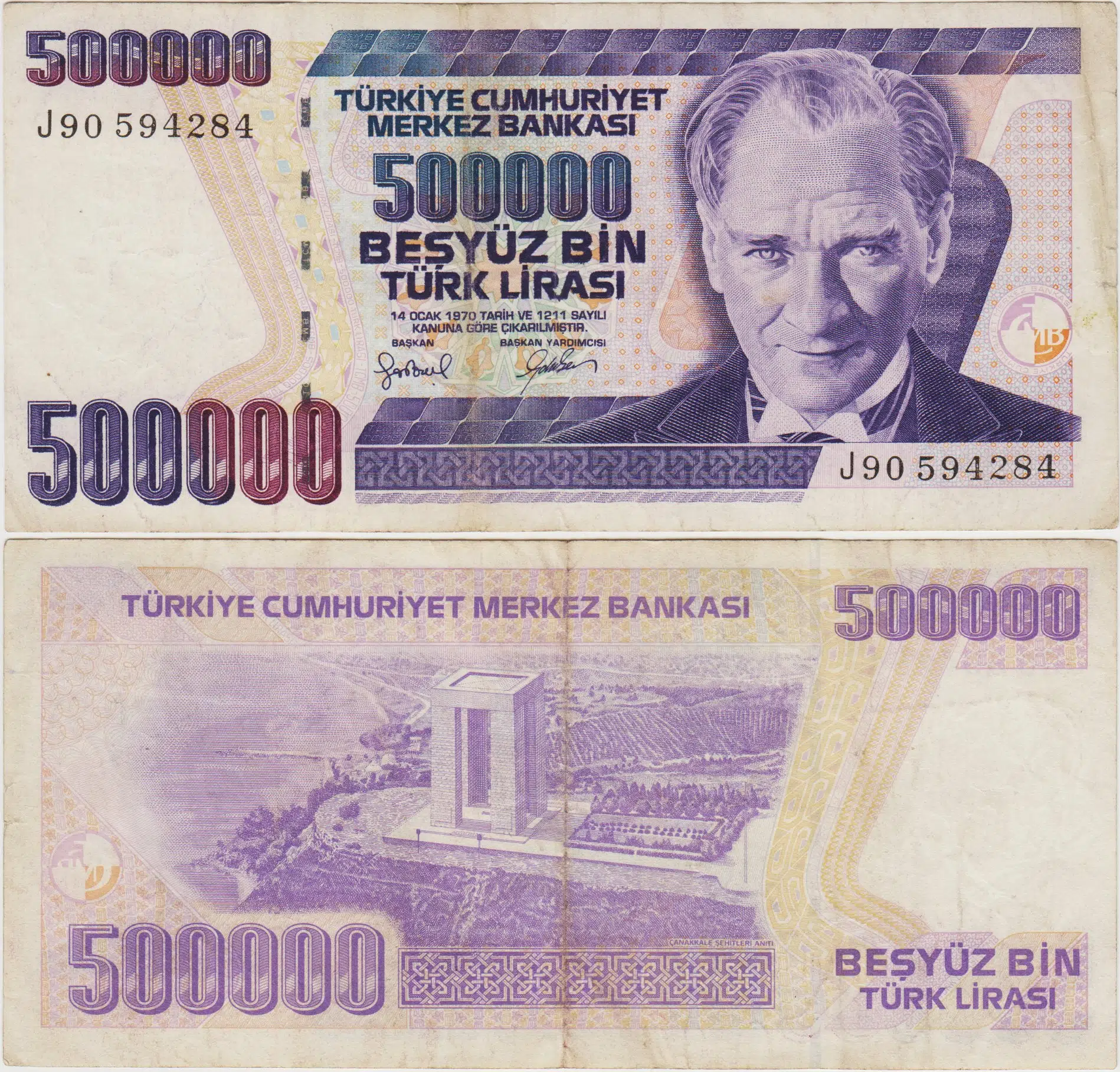 7. EMİSYON 4. TERTİP 500.000 LİRA J90 SERİ SONU. ÇOK TEMİZ.