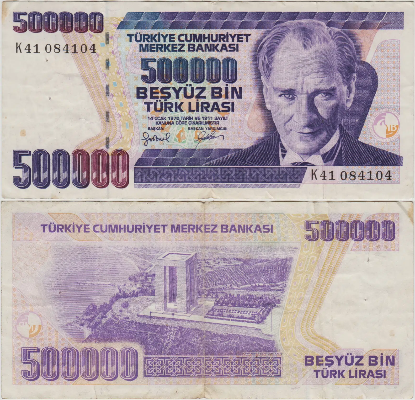 7. EMİSYON 4. TERTİP 500.000 LİRA K41 ÇOK TEMİZ+