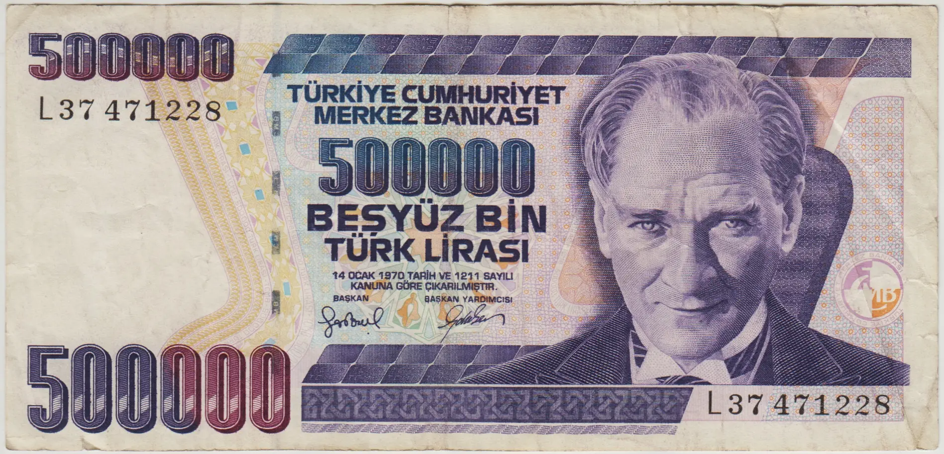 7. EMİSYON 4. TERTİP 500.000 LİRA L37 ÇOK TEMİZ.