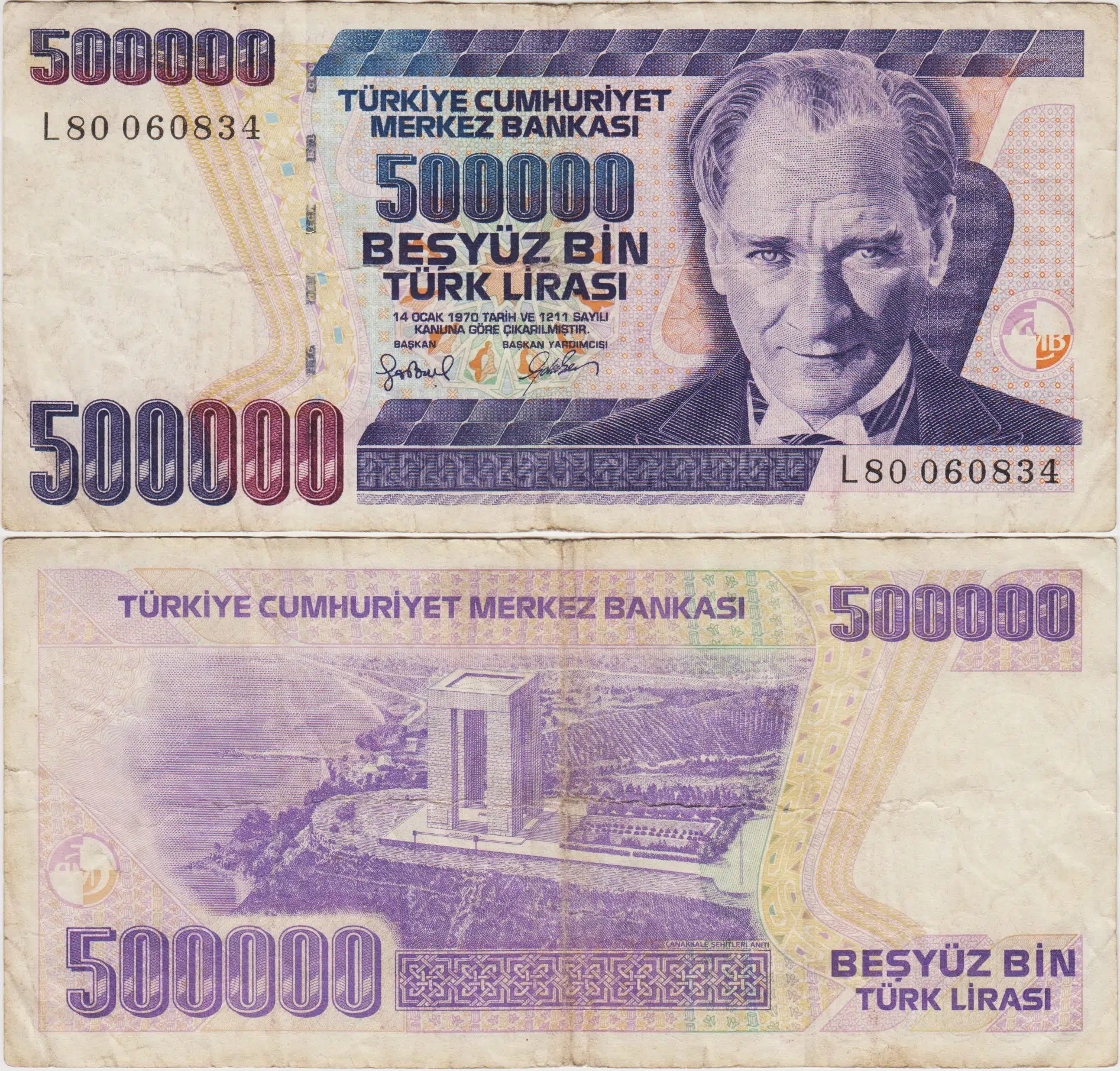 7. EMİSYON 4. TERTİP 500.000 LİRA L80 ÇOK TEMİZ(-)