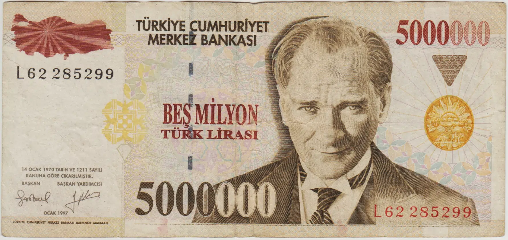 7. EMİSYON 5.000.000 LİRA L62 ÇOK TEMİZ.