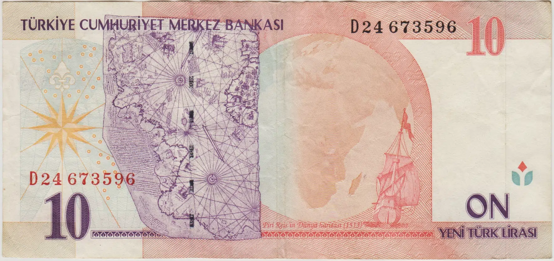8. EMİSYON 10 YTL D24 YENİ TÜRK LİRASI. ÇOK TEMİZ.