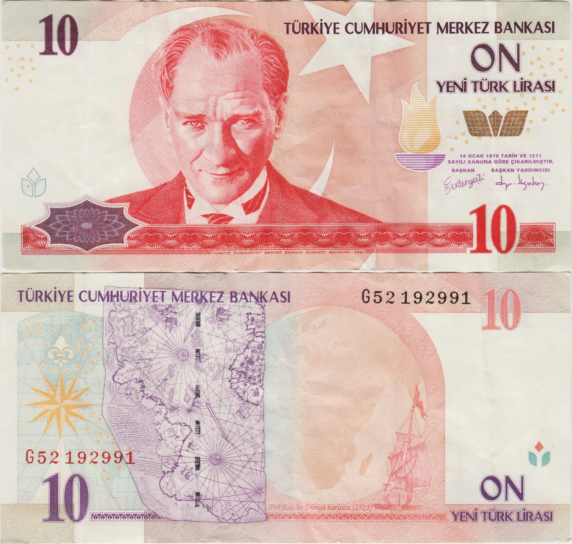 8. EMİSYON 10 YTL G52 YENİ TÜRK LİRASI. ÇOK ÇOK TEMİZ.