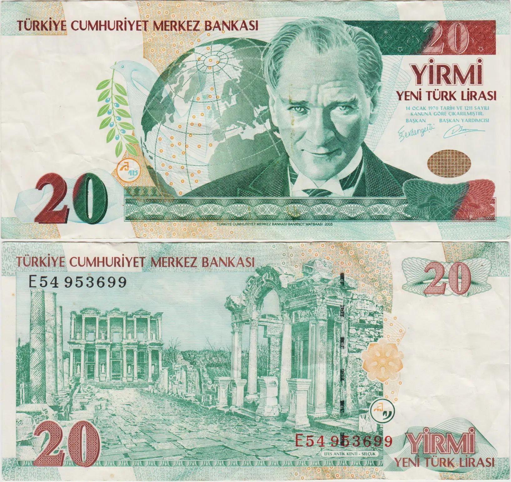 8. EMİSYON 20 YTL E54 YENİ TÜRK LİRASI. Üst kenarda yarım cm yırtık ÇOK ÇOK TEMİZ(-)