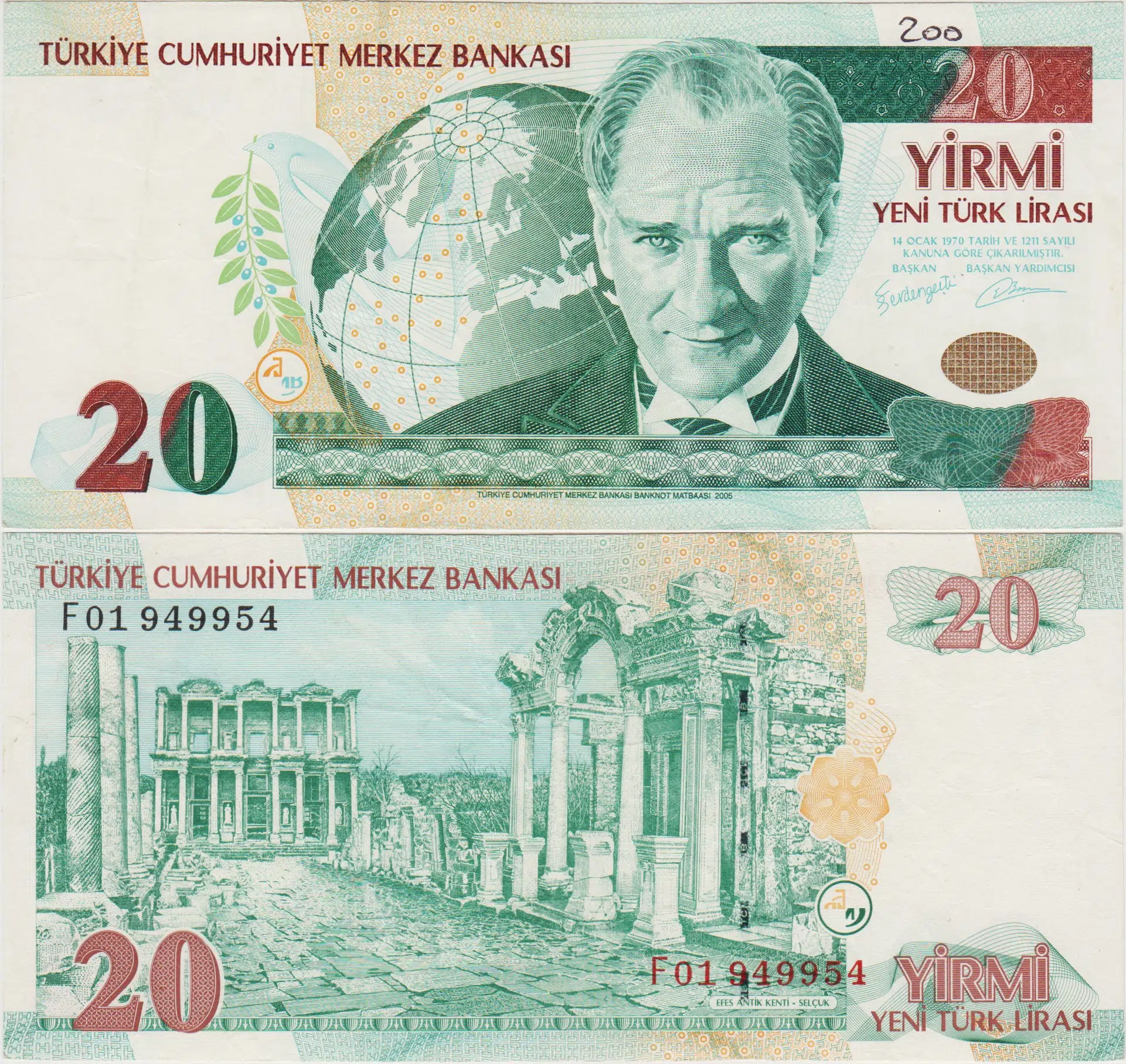 8. EMİSYON 20 YTL F01 SERİ BAŞI. YENİ TÜRK LİRASI. Üst kenarda ufak yazı var ÇOK ÇOK TEMİZ.