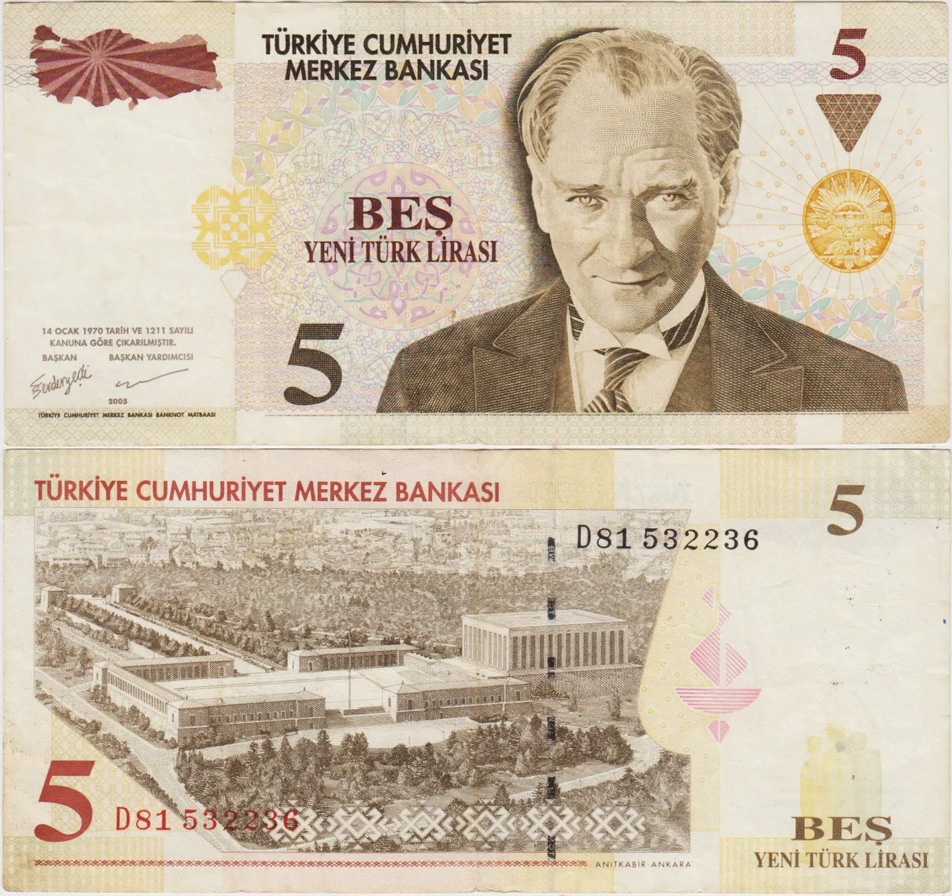 8. EMİSYON 5 YTL D54 YENİ TÜRK LİRASI. ÇOK TEMİZ.