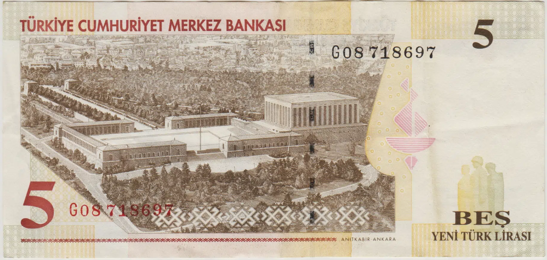 8. EMİSYON 5 YTL G08 YENİ TÜRK LİRASI. ÇOK ÇOK TEMİZ.