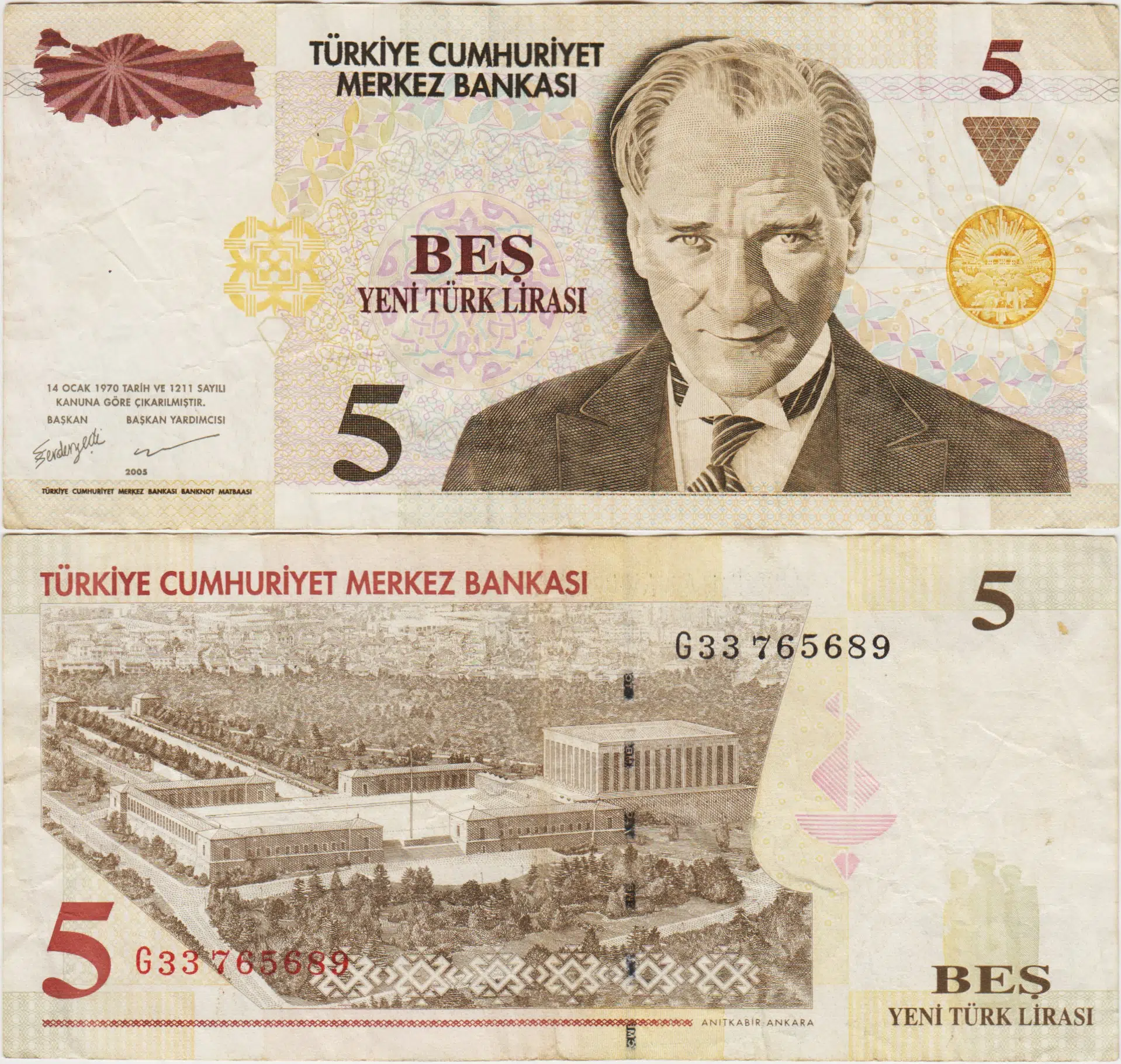 8. EMİSYON 5 YTL G33 YENİ TÜRK LİRASI. ÇOK TEMİZ.
