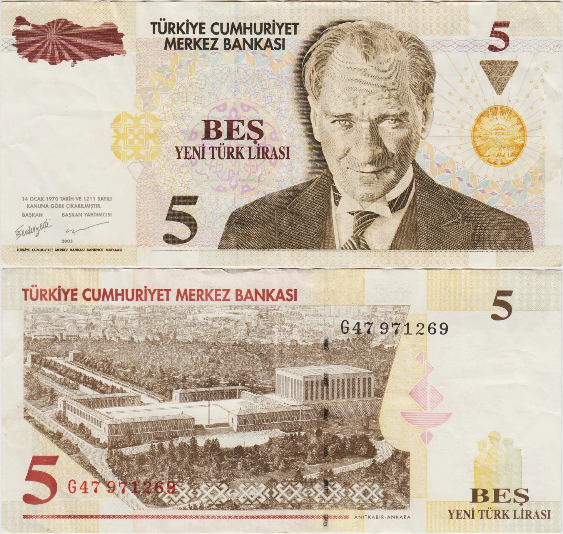 8. EMİSYON 5 YTL G47 YENİ TÜRK LİRASI. ÇOK ÇOK TEMİZ(-)