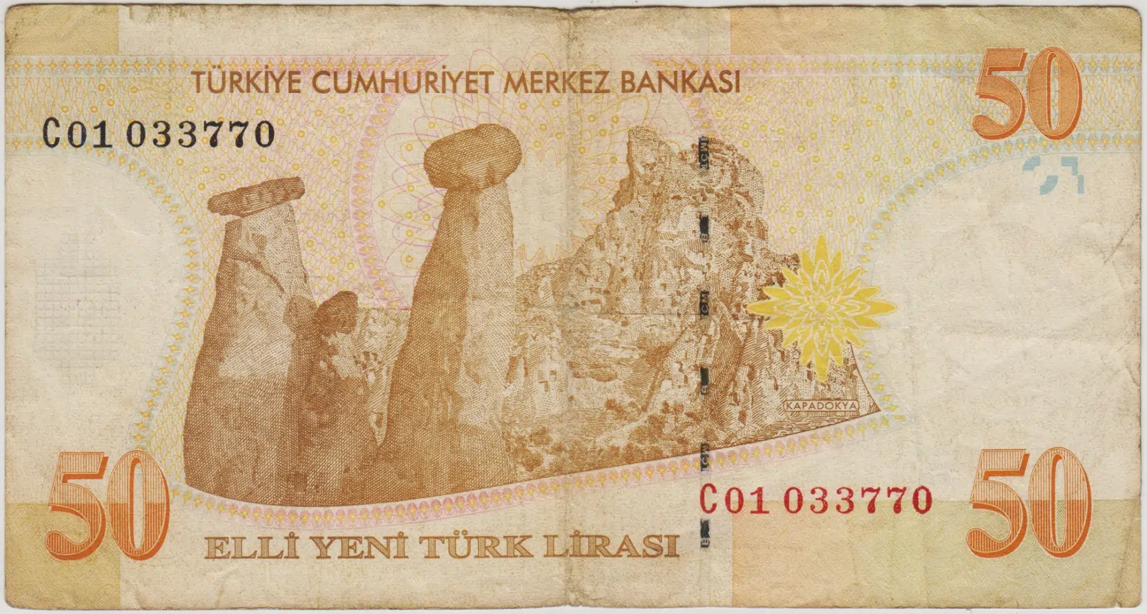 8. EMİSYON 50 YTL C01 SERİ BAŞI. YENİ TÜRK LİRASI. ÇOK TEMİZ(-)