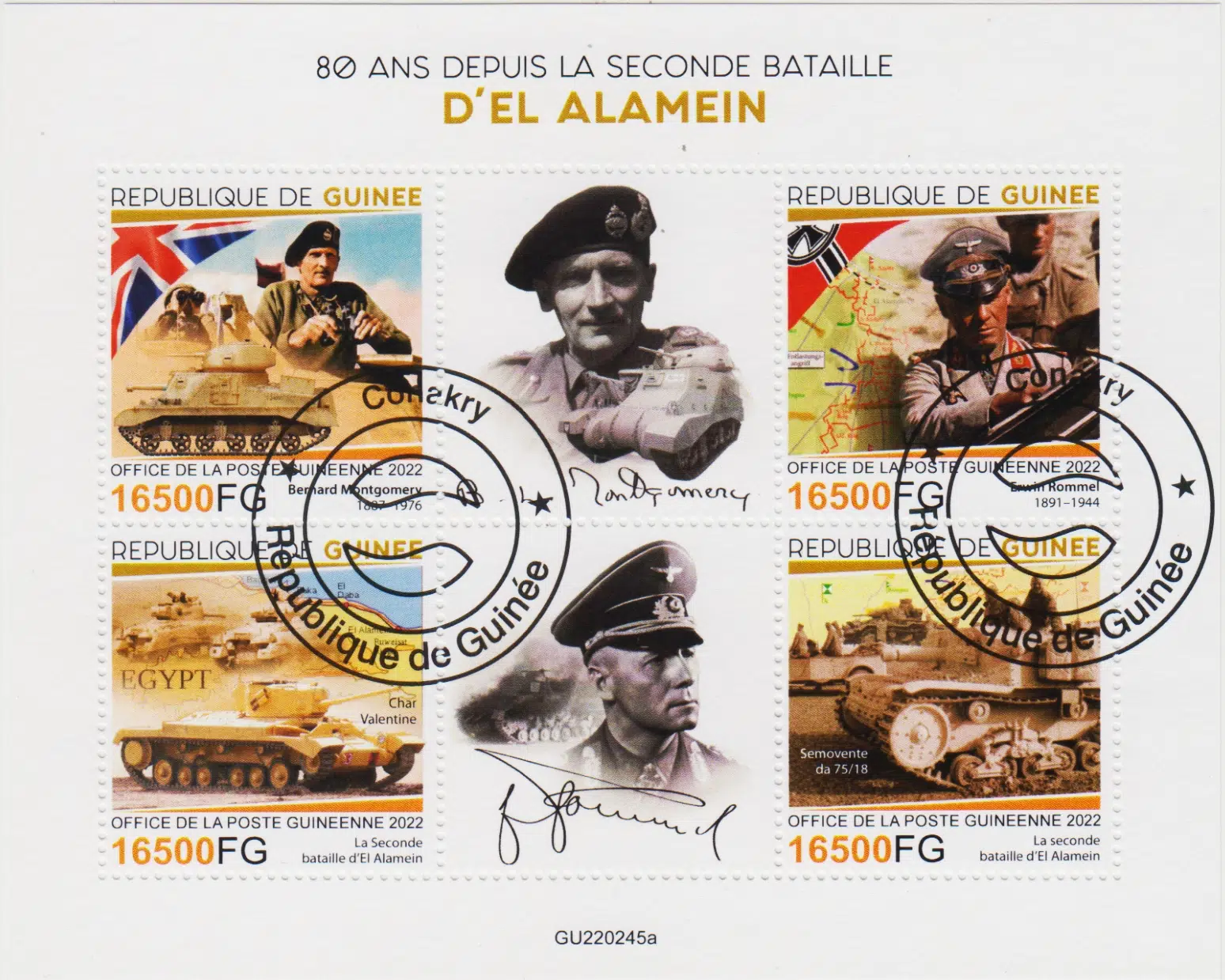 AFRİKA GİNE HATIRA BLOK PUL 2022 İKİNCİ DÜNYA SAVAŞI-EL ALAMEIN SAVAŞI 80. YIL MONTGOMERY-ROMMEL DAMGALI