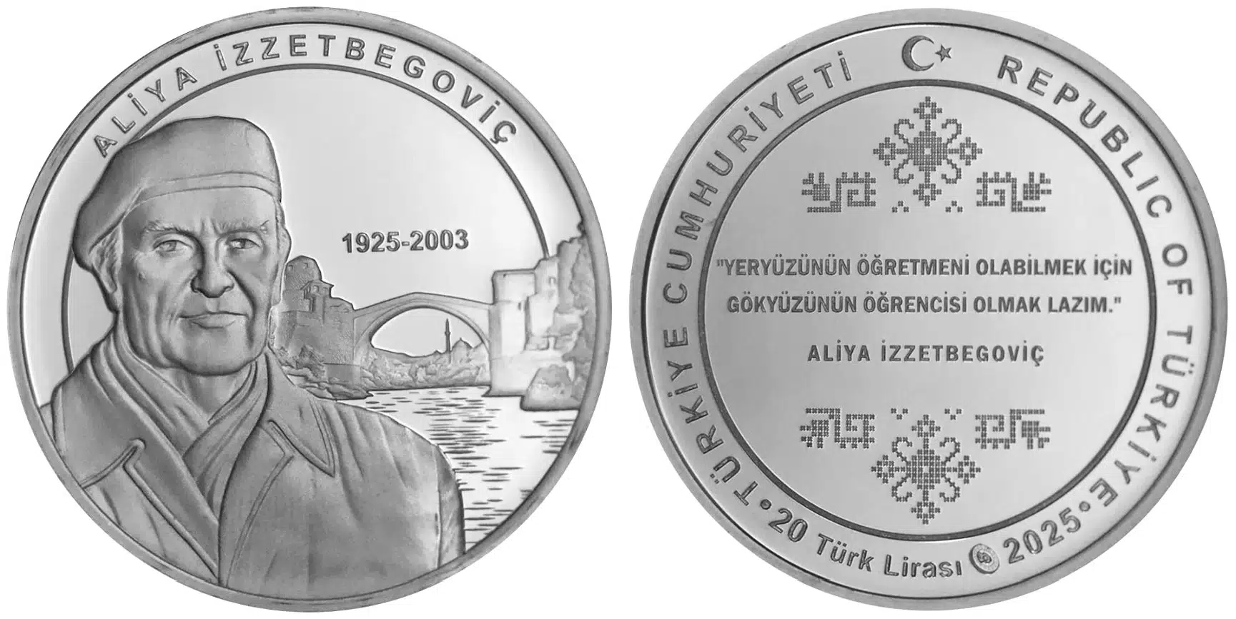 ALİYA İZZETBEGOVİÇ HATIRA 20 LİRA 2025 GÜMÜŞ. 3000 BASKI. SERİ NOLU SERTİFİKALI-KAPSÜLÜNDE 31,1gr ÇİL