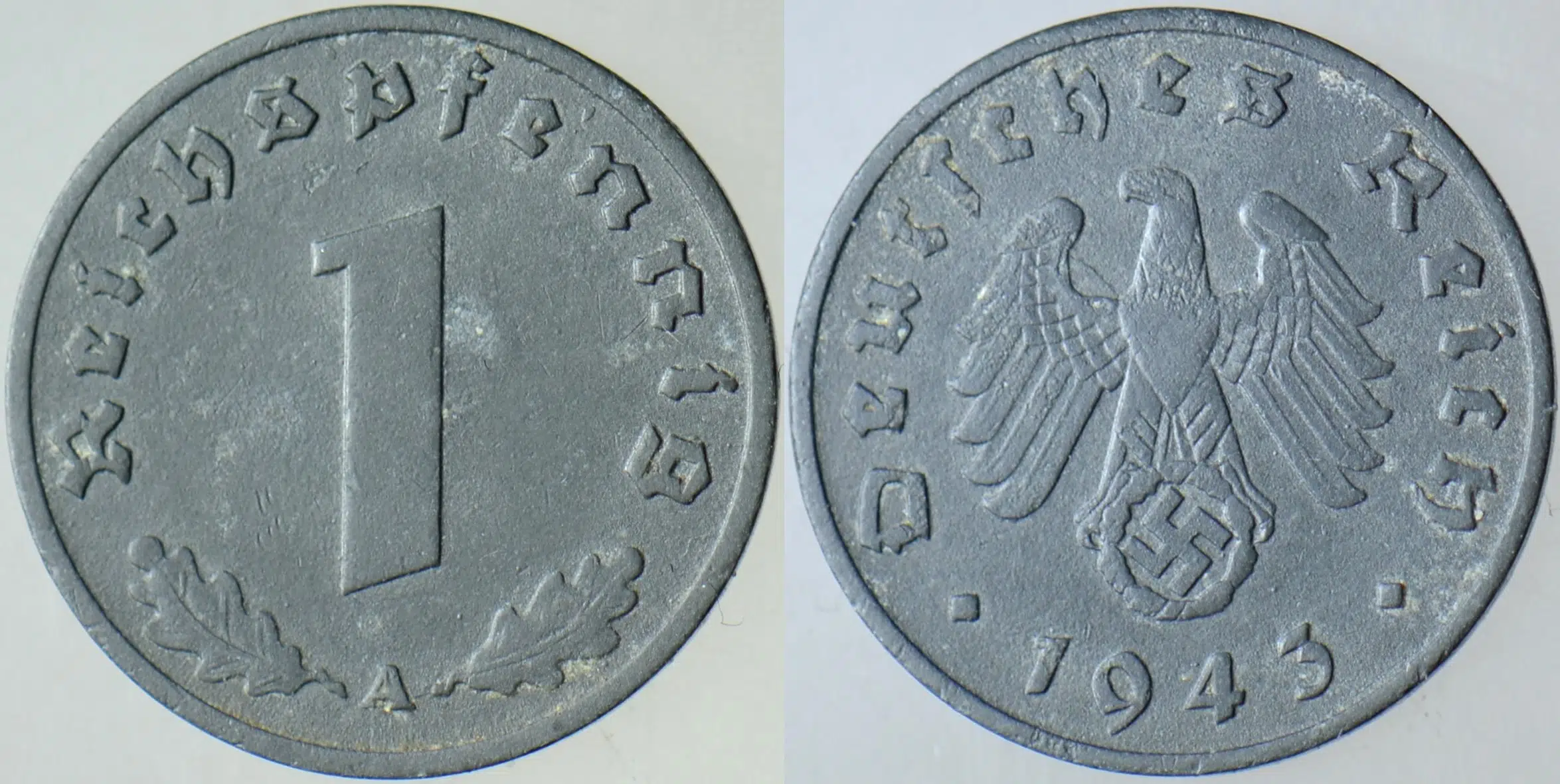 ALMANYA 1 PFENNİG 1943 A. GAMALI HAÇ. İKİNCİ DÜNYA SAVAŞI NAZİ DÖNEMİ ÇİNKO.