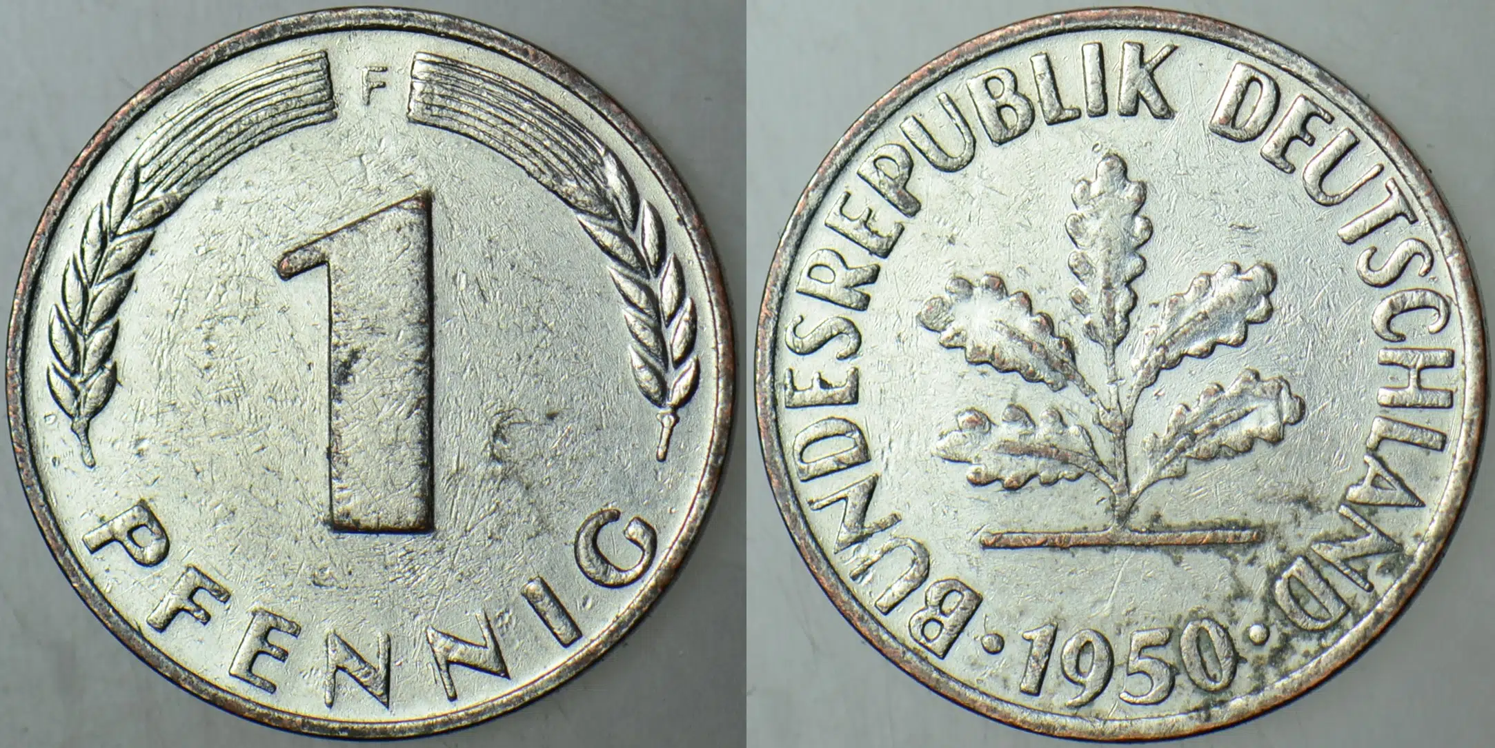 ALMANYA 1 PFENNİG 1950 F. FARKLI RENK-KAPLAMA.